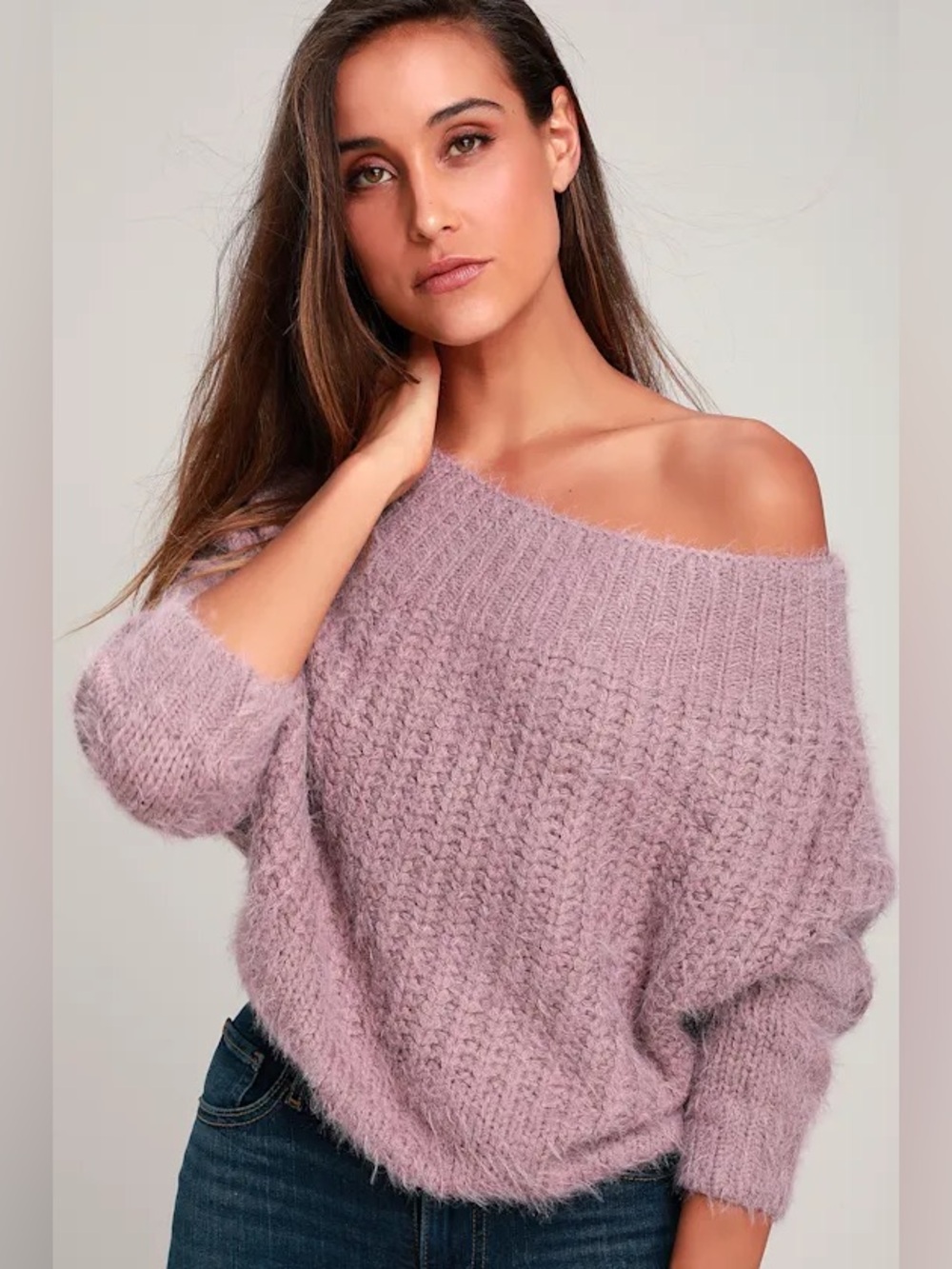 Lulu's Carino Dusty Purple Off-the-Shoulder Fuzzy Cropped Sweater